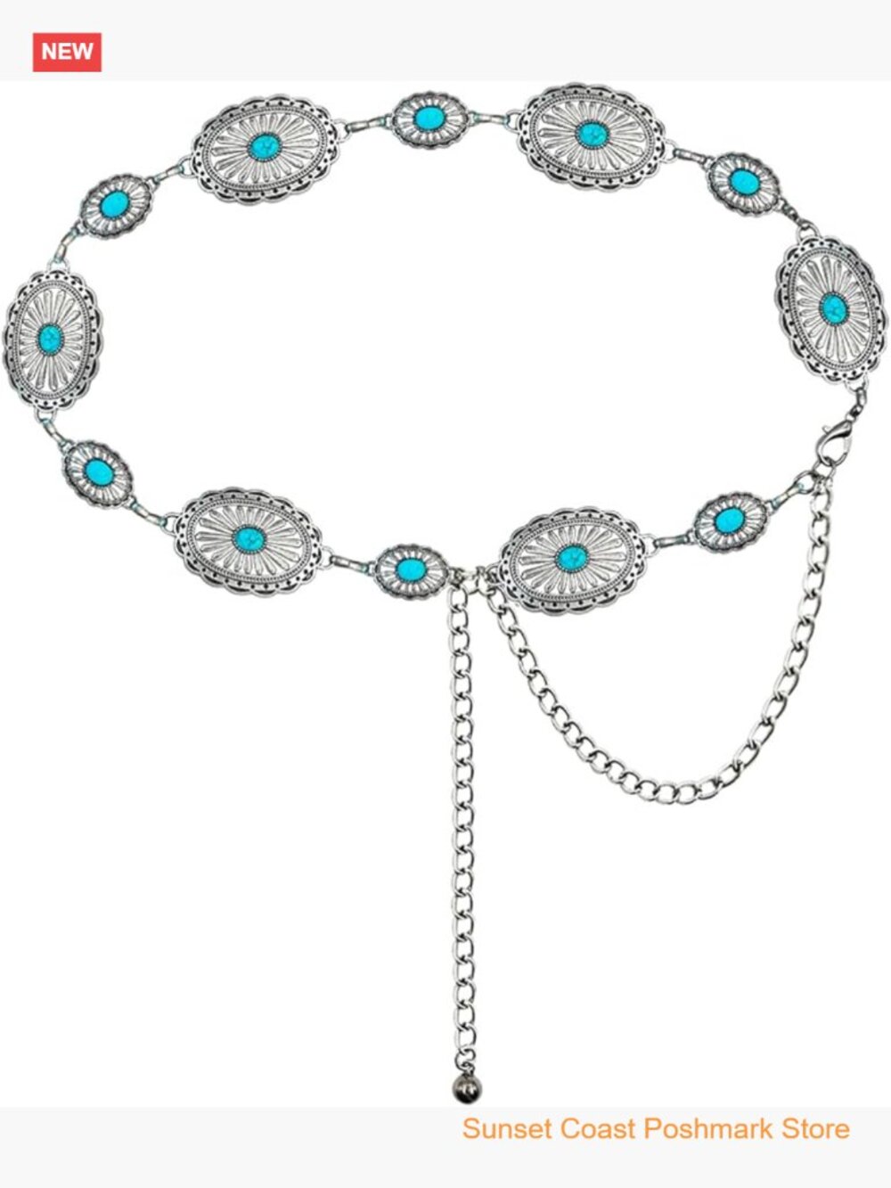 Western Metal Concho Belt with Turquoise Stones for Women Cowgirl Chain Belt